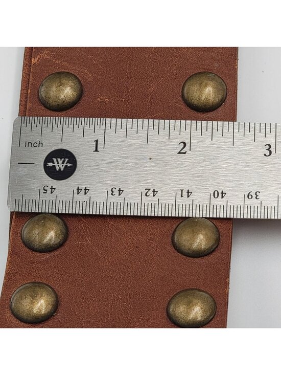 Vtg Y2k Express Studded Boho Brown Leather Wide Belt Antique Brass Hardware main image 5